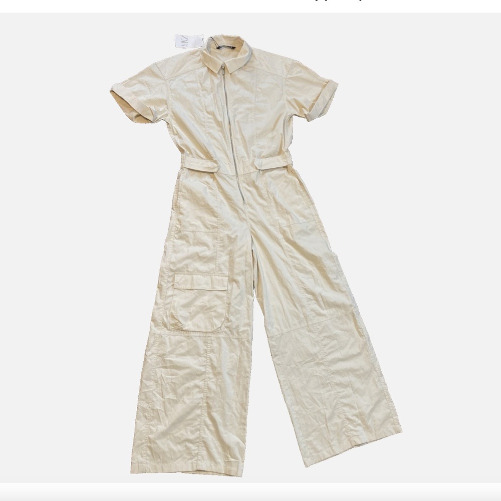ZARA Women's Cotton Zip Up Cargo Jumpsuit Wide Leg Relaxed Fit NWT - Picture 8 of 9